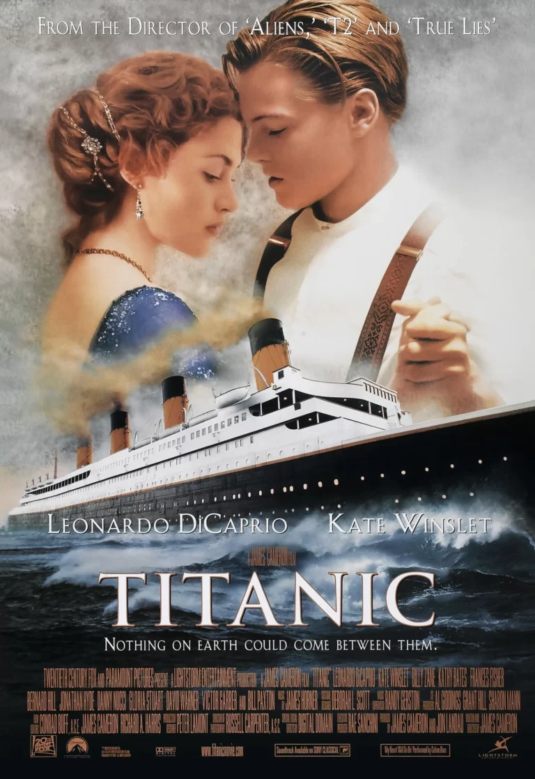 Titanic movie poster featuring Leo & Kate and that boat